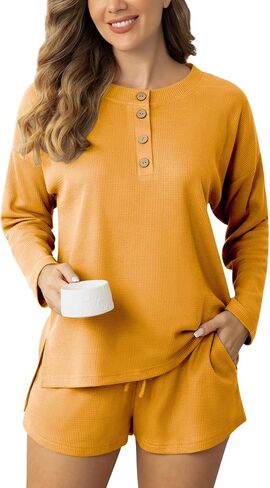 Pajamas Set for Women Waffle Knit Lounge Set Long Sleeve Top and Shorts Matching Lounge Set Loungewear Sweatsuit Set in Saudi Arabia