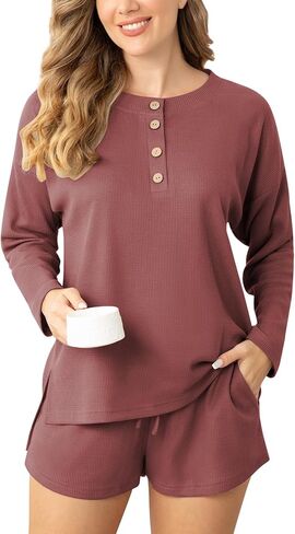 Pajamas Set for Women Waffle Knit Lounge Set Long Sleeve Top and Shorts Matching Lounge Set Loungewear Sweatsuit Set in Saudi Arabia