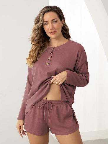 Pajamas Set for Women Waffle Knit Lounge Set Long Sleeve Top and Shorts Matching Lounge Set Loungewear Sweatsuit Set in Saudi Arabia