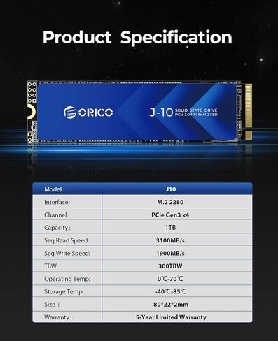 ORICO NVMe SSD 1TB M.2 with Heatsink, Up to 3100MB/s PCIe Gen3x4 2280 Internal Solid State Drive, SLC Cache 3D NAND, Compatible with Laptop and PC Desktops -J10 in Saudi Arabia