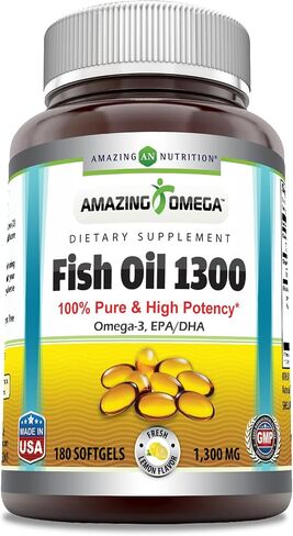 Amazing Omega Fish Oil (Omega-3) 1300mg 180 Softgels Supplement | Lemon Flavor | Non-GMO | Gluten Free | Made in USA in Saudi Arabia