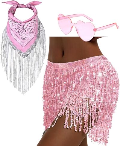 تنورة بأهداب من الترتر الوردي وباندانا من حجر الراين مع نظارة شمسية على شكل قلب للنساء والفتيات العازبات من راعية البقر ديسكو in Kuwait