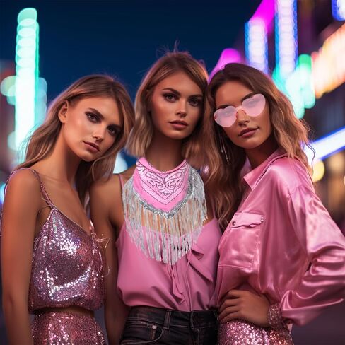 تنورة بأهداب من الترتر الوردي وباندانا من حجر الراين مع نظارة شمسية على شكل قلب للنساء والفتيات العازبات من راعية البقر ديسكو in Kuwait