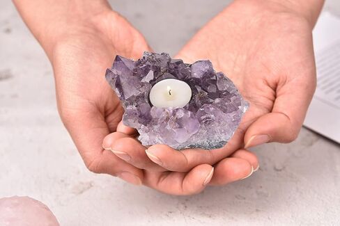 AMOYSTONE الخام جمشت العنقودية أضواء الشاي شمعة حامل الأرجواني الكوارتز شموع حاملي الكريستال حجر شمعة حامل حاملي الشمعدان 3.0-4.5 رطل in Kuwait