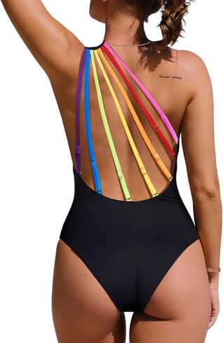 Hilinker Women's One Shoulder One Piece Swimsuit Rainbow Strappy Tummy Control Bathing Suit in Saudi Arabia