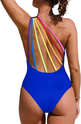 Hilinker Women's One Shoulder One Piece Swimsuit Rainbow Strappy Tummy Control Bathing Suit in Saudi Arabia