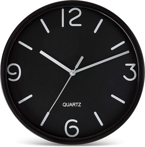 Bernhard Products Black Wall Clock 8 Inch Silent Non Ticking Quartz Battery Operated Easy to Read Decorative Round Sleek Design for Home Kitchen Bedroom Office Living Room Clocks, Silver Numbers in Saudi Arabia