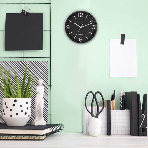 Bernhard Products Black Wall Clock 8 Inch Silent Non Ticking Quartz Battery Operated Easy to Read Decorative Round Sleek Design for Home Kitchen Bedroom Office Living Room Clocks, Silver Numbers in Saudi Arabia