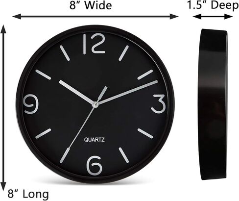 Bernhard Products Black Wall Clock 8 Inch Silent Non Ticking Quartz Battery Operated Easy to Read Decorative Round Sleek Design for Home Kitchen Bedroom Office Living Room Clocks, Silver Numbers in Saudi Arabia