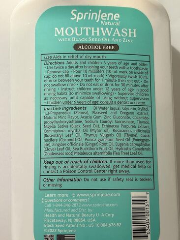 SprinJene Fluoride Free Mouthwash Alcohol Free for Fresh Breath Gum Health Dry Mouth Whitening Teeth w/Black Seed Oil & Zinc - All Natural Vegan Gluten Free Kosher Halal, SLS Free & Toxic Free in Saudi Arabia