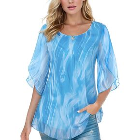 Flowy Tops for Women Ruffle 3/4 Sleeve Dressy Blouses Mesh Stretchy Loose Shirts