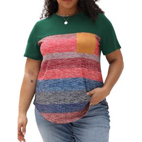 ROSRISS Plus-Size Tops for Women Colorblock Pocket Shirts Short Sleeve Stripe Blouses