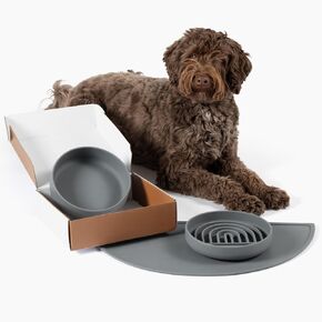 Complete Pet Feeding Set: Slow Feeder & Water Bowl with Spill-Proof Silicone Mat - Ideal for Small to Medium Dogs, Non-Slip, Easy Clean, Raised Edges, Durable Silicone - Blush