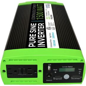 GoWISE Power 1500W Continuous 3000W Surge Peak Power Pure Sine Wave Inverter w/Digital LCD Display, Black/Green, 1500w Cont/ 3000w Surge Digital (PS1008)