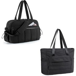 BAGSMART Travel Duffel Bag and Tote Bag for Women, Carry on Quilted Shoulder Bag for Gym, Black