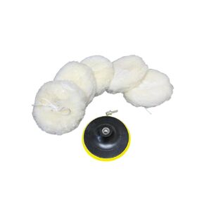 Lambswool Polishing Pads Sheepskin Buffing Pad Bonnets, 7 Piece Set. Includes 5 Lambs Wool Cutting Pads with Hook/Loop and Draw String, 1 Backing Plate and 1 Drill Attachment - Wool Buffs (6 Inch)