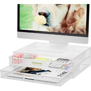 حامل شاشة ماربراس مع درج - منظم مكتب شبكي معدني مع درج تخزين مزدوج قابل للسحب، مستلزمات مكتبية للكمبيوتر والكمبيوتر الشخصي والكمبيوتر المحمول والطابعة والكمبيوتر المحمول وأجهزة iMac (أبيض) in Kuwait