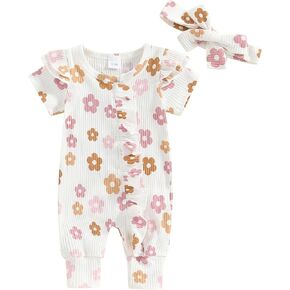 Newborn Baby Girl Clothes Floral Romper Ruffle Short Sleeve Frills Romper Bodysuit Infant Clothes with Headband in Kuwait