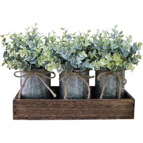 Winlyn Set of 3 Small Artificial Eucalyptus Plants Arrangement Centerpiece Faux Eucalyptus Greenery in Rustic Galvanized Metal Pots with Rectangle Wood Box for Farmhouse Home Table Shelf Décor