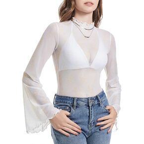 Durio 70s Womens Bell Sleeve Top Floral Tops for Women Disco Outfit Mock Neck Flare Tops Semi Sheer Mesh Long Sleeve Top