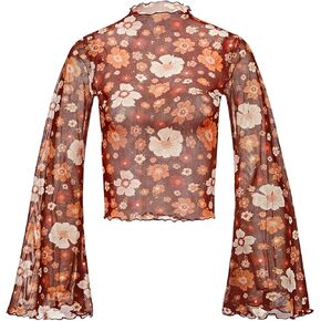 Durio 70s Womens Bell Sleeve Top Floral Tops for Women Disco Outfit Mock Neck Flare Tops Semi Sheer Mesh Long Sleeve Top