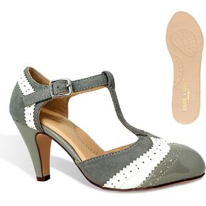 Chase & Chloe Women's Two Tones Wing Tips Retro Rockability 1950s Vintage T-Strap Pinup Style Pump Flapper