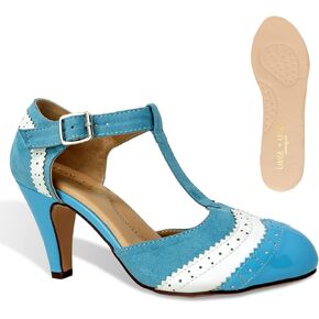 Chase & Chloe Women's Two Tones Wing Tips Retro Rockability 1950s Vintage T-Strap Pinup Style Pump Flapper