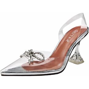 Women Clear Heels Shoes Pointed Toe Slingback High Heel Sandals Crystal Rhinestones Party Wedding Pumps Shoes