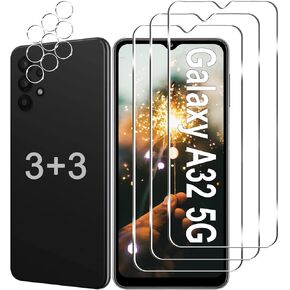 [3+3 Pack] Galaxy A32 5G Screen Protector + Camera Lens Protector, 9H Hardness Tempered Glass, Scratch Resistant, HD Clear, Easy Installation, Bubble Free, Screen Protector for Samsung Galaxy A32 5G