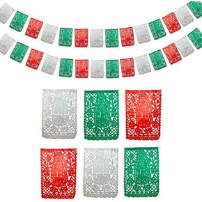 Papel Picado de La Virgen de Guadalupe - مجموعة لافتة مكسيكية من الورق باللونين الأحمر والأخضر والأبيض - ديكورات حفلات العيد المكسيكي، 20 قدمًا Papel Picado Mexicano