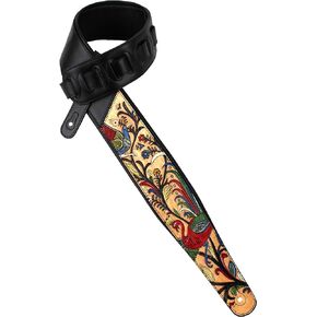 Walker And Williams KB-55-TN Handmade Heritage Series Guitar Strap With Traditional Peacock And Sparrow Design On Premium Tan Carved Leather For Acoustic, Electric, And Bass Guitars