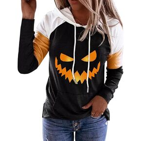 QIANRUO Halloween Hoodie Tshirt for Women Pumpkin Face Graphic Tees Tops Long Sleeve Color Block Pullover Shirt