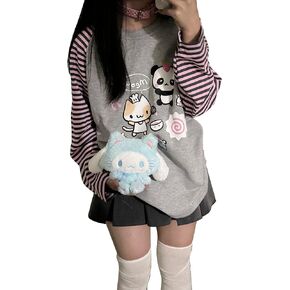 Y2k Cute Sweatshirts for Women Harajuku Kawaii Striped Sweatshirts Cartoon T-shirts