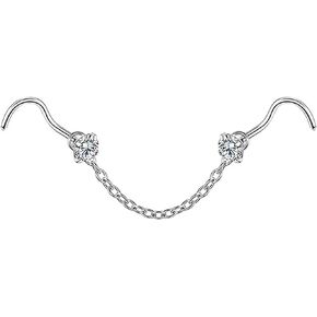 Grade 23 Titanium Bone Straight/L Shaped/Screws Nose Studs 20G/18G Tiny 2pcs and Chain Nose Rings Hypoallergenic G23 Nostril Piercing Jewelry for Women Men 3mm CZ Chain Length 32mm 40mm 50mm