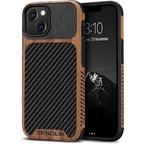 TENDLIN Compatible with iPhone 13 Case Wood Grain with Carbon Fiber Texture Design Leather Hybrid Case Compatible for iPhone 13 6.1-inch Released in 2021 Black