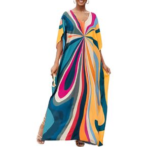 Bsubseach Kaftan Dresses for Women V Neck Swimsuit Cover Up Caftan Dress Oversized Long Beach Dress