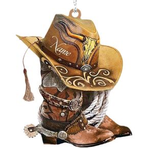 Car Rear View Mirror Cowboy Boots and Hats Pendant, Personalized Cowboy Boots and Hats Flat Acrylic Car Hanging Ornament Charm Auto Interior Rearview Decor Car Rear View Mirror Pendant