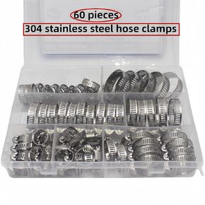 60Pcs304 stainless steel adjustable hose clamp kits are available in seven types of hose clamp sizes: 1/4 "- 1.5" for hose, pipe, automotive, mechanical and other applications.