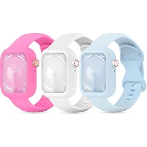 3 Pack Soft Silicone Bands with Bumper Case Compatible with Apple Watch Band 38mm 40mm 41mm 42mm 44mm 45mm, Sport Strap Wristbands with Protective Cover for iWatch Series 9/8/SE/7/6/5/4/3/2/1