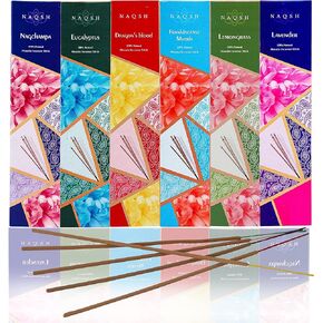 Naqsh Premium Hand Rolled Incense- Assorted 6x20 Mesmerizing Incense Sticks Including Lavender, Dragon's Blood, Frankincense Myrrh, Lemongrass, Eucalyptus, and Nagchampa