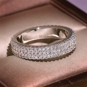 925 Sterling Silver Shiny Full Diamond Gemstone Ring Cubic Zirconia Rings CZ Diamond Multi Row Ring Eternity Engagement Wedding Band Ring for Women HM473 (US Code 6)