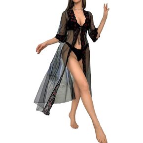 OYOANGLE Women's Embroidery Sheer Babydoll Lingerie Robe 3/4 Sleeve Tie Front Bathrobes