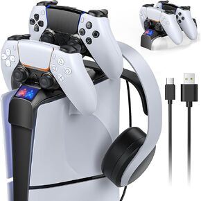 شاحن وحدة تحكم MENEEA PS5 لوحدة التحكم PS5 Slim، محطة شحن علوية لوحدات تحكم PS5 ووحدة تحكم PS5 Edge، قاعدة شحن مع حامل سماعة رأس لقرص Playstation 5 النحيف ووحدة التحكم الرقمية 2023