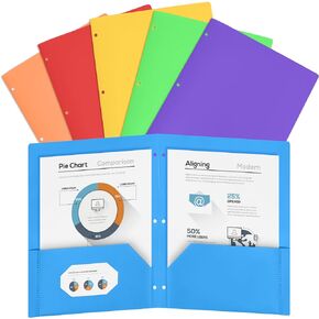 6 Pack Plastic 3 Hole Punch Folders with 2 Pockets,3 Hole Folders with Pockets Folders with Pockets with Business Card Slot Plastic Folders with Pockets 3 Hole Punched for School Home Office
