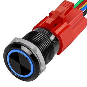 16MM Latching 12V Push Button Switch On Off,Waterproof with LED Light Power Button Switch for car，0.63" Mounting Hole with Wire Socket Plug Self-Locking(Ring Red LED/Black Shell）