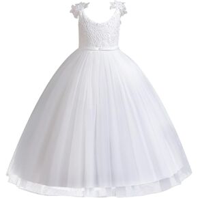 IDOPIP Flower Girl Lace Dress for Kids Wedding Bridesmaid Pageant Party Formal Long Gown Princess 1st Communion Tulle Dresses