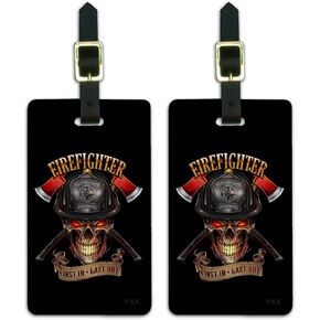 Firefighter Skull First in Last Out Luggage ID Tags Cards Set of 2