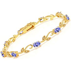 Gem Stone King 18K Yellow Gold Plated Silver 4.18 Ct Oval Tanzanite Greek Vine Diamond 7 Inch Tennis Bracelet For Women