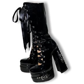 Frankie Hsu Goth Sexy Chunky Platform Knee High Heeled Boots, Black Patent Silver Rivets Satin Ribbon Lace Up Dark Gothic, Punk Y2K Hot Girl Big Large Size Wide Calf Long Shoes For Women Men