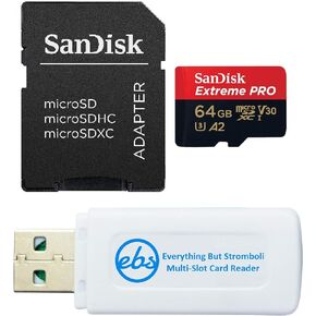 بطاقة ذاكرة SanDisk Extreme Pro Micro SD بسعة 64 جيجابايت لكاميرا Hero 12 Black GoPro Action (SDSQXCU-064G-GN6MA) U3 V30 مع كل شيء ما عدا Stromboli MicroSDXC وقارئ بطاقات SD